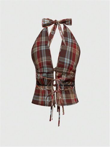 Verdusa Women's Y2K Plaid Tie Back Halter Tops Vintage Backless Summer Going Out Tops in Saudi Arabia