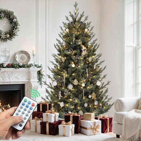 YITAHOME 7.5ft Prelit Snow Flocked Christmas Tree with Remote, Hinged Pine Christmas Tree with 550 Warm White/Multicolor Changing Lights, 1550 Branch Tips, and Foldable Base for Home, Party Decoration in Saudi Arabia