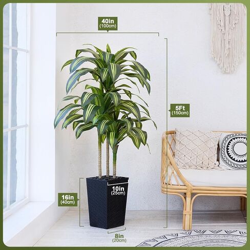شجرة Dracaena الاصطناعية بطول 5 أقدام - شجرة صناعية مقاومة للأشعة فوق البنفسجية مع زارع مستدق كبير وحصى - نباتات وهمية طويلة داخلية وخارجية، نبات أرضي بوعاء لديكور الشرفة في غرفة المعيشة المنزلية، VN127 in Kuwait