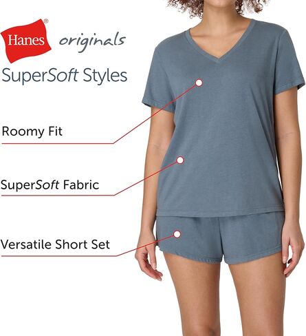 Hanes Women's Originals 2-Piece Lounge, Supersoft V-Neck Tee & Sleep Shorts Loungewear Set in Saudi Arabia
