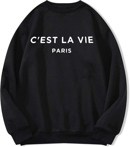 سويت شيرت نسائي كبير الحجم برقبة دائرية بلوفر برسومات Preppy كاجوال فضفاض بأكمام طويلة in Kuwait