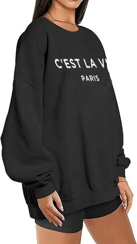 سويت شيرت نسائي كبير الحجم برقبة دائرية بلوفر برسومات Preppy كاجوال فضفاض بأكمام طويلة in Kuwait