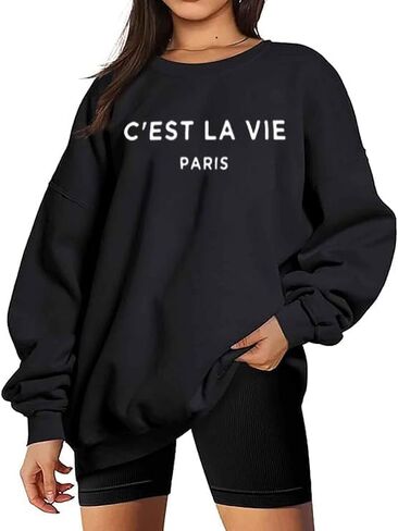 سويت شيرت نسائي كبير الحجم برقبة دائرية بلوفر برسومات Preppy كاجوال فضفاض بأكمام طويلة in Kuwait