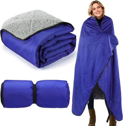 Waterproof Outdoor Stadium Blanket with Sherpa Lining, Washable Windproof Warm Foldable for Camping, Sporting Events, Picnic, Concert, Pet, Travel, Emergency Car Blanket, Gift for Cold Weather (Black) in Kuwait