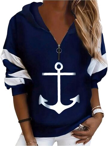 WDIRARA Women's Anchor Graphic Half Zip Hoodie Striped Long Sleeve Hooded Sweatshirt in Saudi Arabia