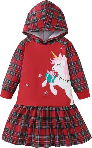 Girls Long Sleeve Dress: Toddler Girl Unicorn Christmas Hoodie Sweatshirt A-Line Dresses for Fall Winter Party 2-7Y in Saudi Arabia