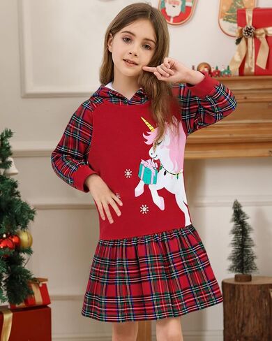 Girls Long Sleeve Dress: Toddler Girl Unicorn Christmas Hoodie Sweatshirt A-Line Dresses for Fall Winter Party 2-7Y in Saudi Arabia