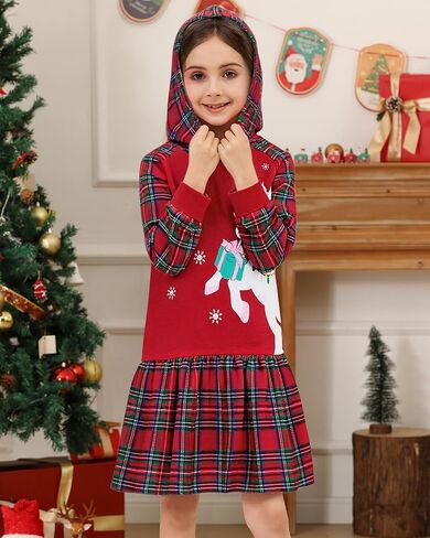 Girls Long Sleeve Dress: Toddler Girl Unicorn Christmas Hoodie Sweatshirt A-Line Dresses for Fall Winter Party 2-7Y in Saudi Arabia