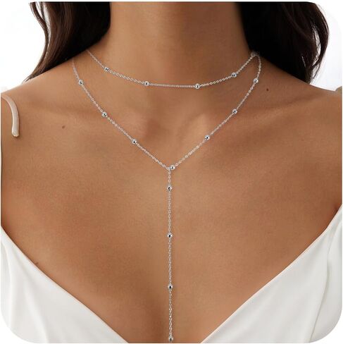Drop Lariat Chain for Women, Dainty Layered Long Gold/Silver Necklaces Trendy Tassel Beaded Y Shaped Necklace Teardrop Jewelry Gifts for Ladies Mother Wife in Saudi Arabia