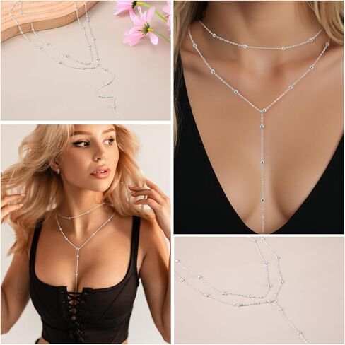 Drop Lariat Chain for Women, Dainty Layered Long Gold/Silver Necklaces Trendy Tassel Beaded Y Shaped Necklace Teardrop Jewelry Gifts for Ladies Mother Wife in Saudi Arabia