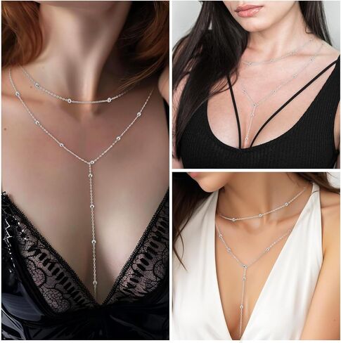 Drop Lariat Chain for Women, Dainty Layered Long Gold/Silver Necklaces Trendy Tassel Beaded Y Shaped Necklace Teardrop Jewelry Gifts for Ladies Mother Wife in Saudi Arabia