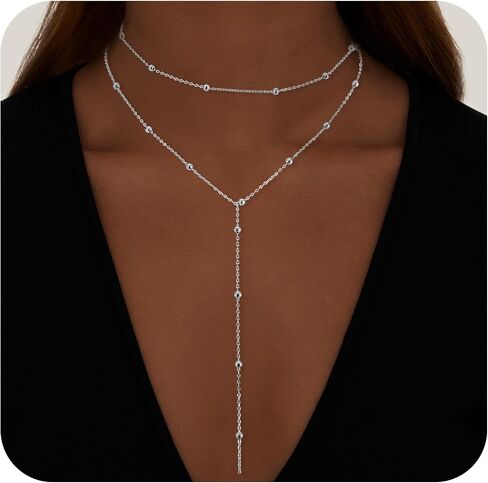 Drop Lariat Chain for Women, Dainty Layered Long Gold/Silver Necklaces Trendy Tassel Beaded Y Shaped Necklace Teardrop Jewelry Gifts for Ladies Mother Wife in Saudi Arabia