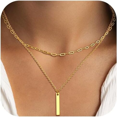 Dainty Gold Layered Necklace for Women,14k Gold Plated Paperclip Link Chain Cross Bar Heart Tag Cubic Zirconia Pendant Necklace Set,Gold Jewelry Gift for Women in Saudi Arabia