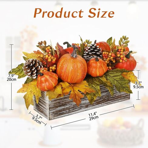 Artificial Pumpkins Fall Centerpieces for Tables, Fake Pumpkins Decorations in Wooden Box with Maple Leaves, Pinecone, Berry, Fall Pumpkin Decorations for Autumn, Harvest, Thanksgiving, Mantel Decor in Saudi Arabia