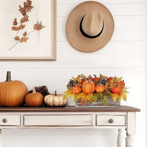Artificial Pumpkins Fall Centerpieces for Tables, Fake Pumpkins Decorations in Wooden Box with Maple Leaves, Pinecone, Berry, Fall Pumpkin Decorations for Autumn, Harvest, Thanksgiving, Mantel Decor in Saudi Arabia