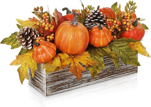 Artificial Pumpkins Fall Centerpieces for Tables, Fake Pumpkins Decorations in Wooden Box with Maple Leaves, Pinecone, Berry, Fall Pumpkin Decorations for Autumn, Harvest, Thanksgiving, Mantel Decor in Saudi Arabia