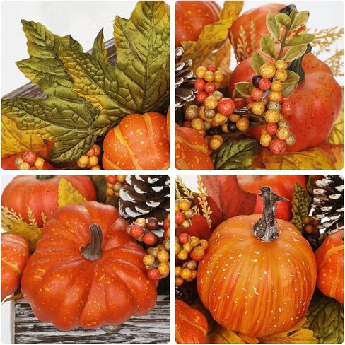 Artificial Pumpkins Fall Centerpieces for Tables, Fake Pumpkins Decorations in Wooden Box with Maple Leaves, Pinecone, Berry, Fall Pumpkin Decorations for Autumn, Harvest, Thanksgiving, Mantel Decor in Saudi Arabia