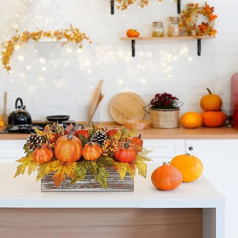 Artificial Pumpkins Fall Centerpieces for Tables, Fake Pumpkins Decorations in Wooden Box with Maple Leaves, Pinecone, Berry, Fall Pumpkin Decorations for Autumn, Harvest, Thanksgiving, Mantel Decor in Saudi Arabia