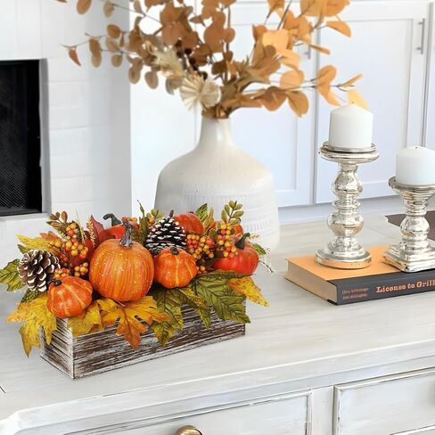 Artificial Pumpkins Fall Centerpieces for Tables, Fake Pumpkins Decorations in Wooden Box with Maple Leaves, Pinecone, Berry, Fall Pumpkin Decorations for Autumn, Harvest, Thanksgiving, Mantel Decor in Saudi Arabia