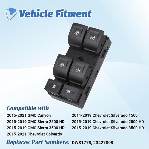 Power Window Switch Control Button Driver Side Compatible with 2014-2019 Chevy Silverado 1500, 2015-2019 Chevrolet Silverado & GMC Sierra 2500 HD 3500 HD, Replace OEM 23427098 DWS1778 in Saudi Arabia