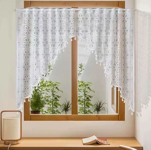 GET ENAI White Lace Semi Sheer Swag Curtains Valance for Small Windows, Floral Embroidered Sheer Kitchen Valance Curtain Tier Topper Window Treatments for Living Room, Doorway, Bathroom in Saudi Arabia