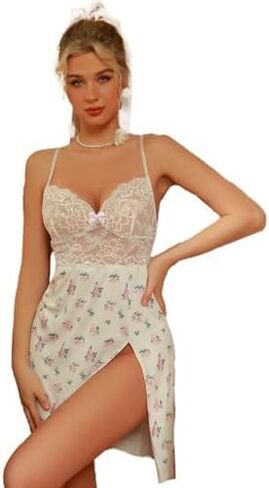 Sexy Lingerie For Women,Lace Mesh See-Through Side Slit Nightgown, Sexy Satin Lace Babydoll Dresses in Saudi Arabia