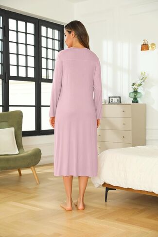 Vlazom Women's Nightgowns Comfortable Warm Long Sleeve Nightdress Soft Button Down Housecoat with Pockets S-XXL in Saudi Arabia