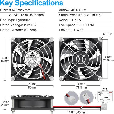 GDSTIME 2-Pack 80mm Fan 2 Pin 24V Brushless DC Cooling Fan 2Pin, 80x80x25mm for Computer Case in Kuwait