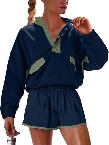 Womens Two Piece Matching Sets Long Sleeve Top Short Set with Pockets Casual Workout Lounge Travel Vacation Outfits in Kuwait