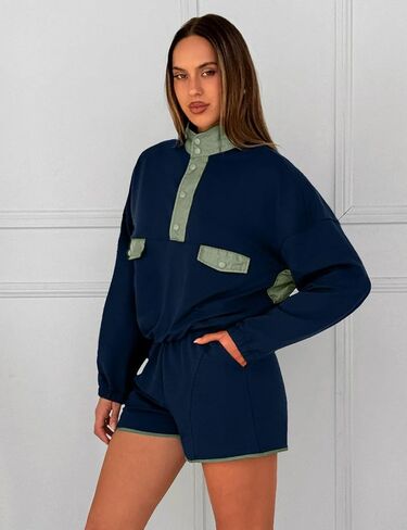 Womens Two Piece Matching Sets Long Sleeve Top Short Set with Pockets Casual Workout Lounge Travel Vacation Outfits in Kuwait