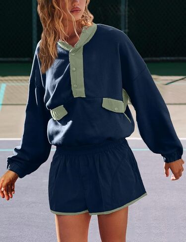 Womens Two Piece Matching Sets Long Sleeve Top Short Set with Pockets Casual Workout Lounge Travel Vacation Outfits in Kuwait