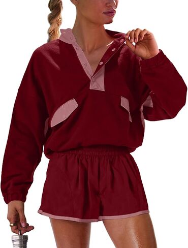 Womens Two Piece Matching Sets Long Sleeve Top Short Set with Pockets Casual Workout Lounge Travel Vacation Outfits in Kuwait