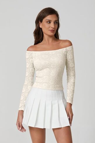 تي شيرت نسائي QINSEN مزين بالدانتيل بدون كتف وأكمام طويلة وبطانة مزدوجة Y2k عصرية in Kuwait