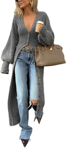 Tbahhir Womens Open Front Long Cardigan V Neck Button Down Oversized Duster Fall Trendy Chunky Knit Sweater Coat in Saudi Arabia
