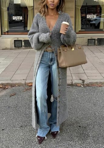 Tbahhir Womens Open Front Long Cardigan V Neck Button Down Oversized Duster Fall Trendy Chunky Knit Sweater Coat in Saudi Arabia