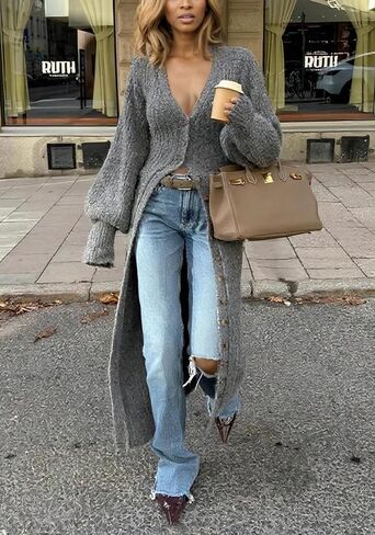 Tbahhir Womens Open Front Long Cardigan V Neck Button Down Oversized Duster Fall Trendy Chunky Knit Sweater Coat in Saudi Arabia