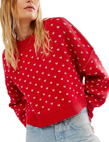 Womens Cropped Pullover Sweater Polka Dot Chunky Knit Sweater Floral Printed Crewneck Long Sleeve Fall Winter Outfits in Saudi Arabia
