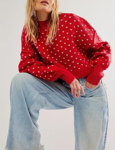 Womens Cropped Pullover Sweater Polka Dot Chunky Knit Sweater Floral Printed Crewneck Long Sleeve Fall Winter Outfits in Saudi Arabia