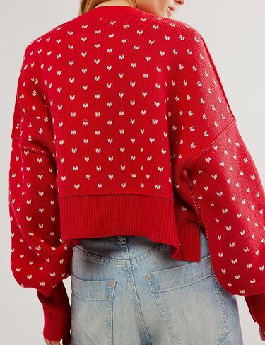 Womens Cropped Pullover Sweater Polka Dot Chunky Knit Sweater Floral Printed Crewneck Long Sleeve Fall Winter Outfits in Saudi Arabia