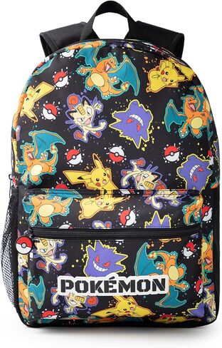 Pokémon Pikachu Charizard Gengar Meowth Backpack in Black | Kids Character All Over Print Bag | Adjustable Shoulder Straps in Saudi Arabia