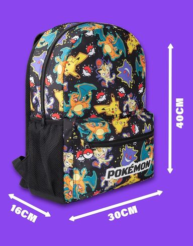 Pokémon Pikachu Charizard Gengar Meowth Backpack in Black | Kids Character All Over Print Bag | Adjustable Shoulder Straps in Saudi Arabia