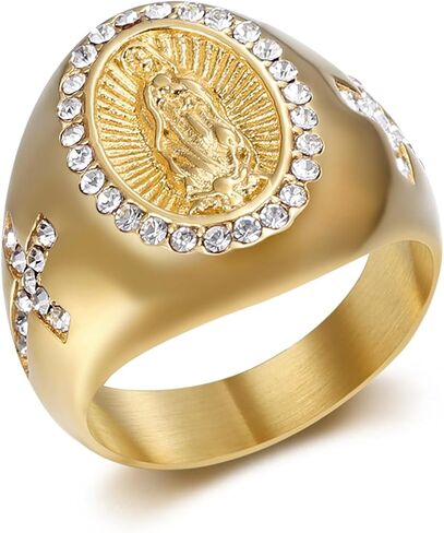 Christian Couple Signet Rings Set: Square Jesus (Men) & Oval Virgin Mary (Women), Stainless Steel Gold Plated with Side CZ Cross, Rhinestone Religious Rings in Kuwait