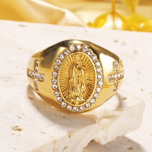 Christian Couple Signet Rings Set: Square Jesus (Men) & Oval Virgin Mary (Women), Stainless Steel Gold Plated with Side CZ Cross, Rhinestone Religious Rings in Kuwait