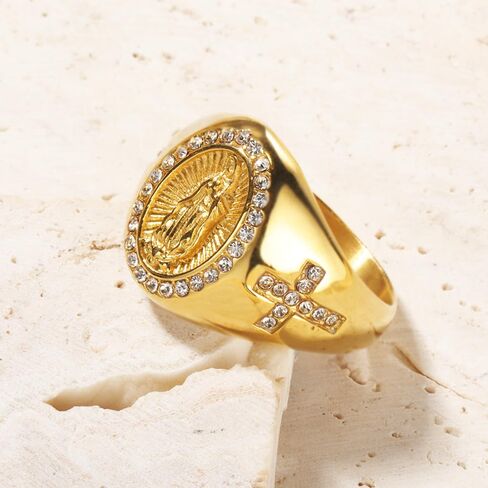 Christian Couple Signet Rings Set: Square Jesus (Men) & Oval Virgin Mary (Women), Stainless Steel Gold Plated with Side CZ Cross, Rhinestone Religious Rings in Kuwait