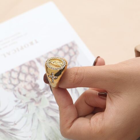 Christian Couple Signet Rings Set: Square Jesus (Men) & Oval Virgin Mary (Women), Stainless Steel Gold Plated with Side CZ Cross, Rhinestone Religious Rings in Kuwait