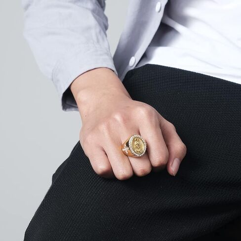 Christian Couple Signet Rings Set: Square Jesus (Men) & Oval Virgin Mary (Women), Stainless Steel Gold Plated with Side CZ Cross, Rhinestone Religious Rings in Kuwait