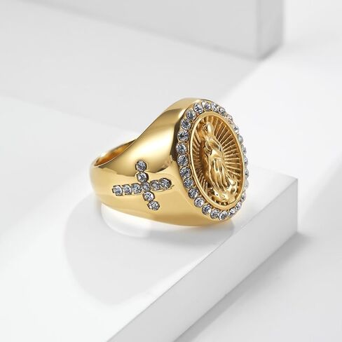 Christian Couple Signet Rings Set: Square Jesus (Men) & Oval Virgin Mary (Women), Stainless Steel Gold Plated with Side CZ Cross, Rhinestone Religious Rings in Kuwait