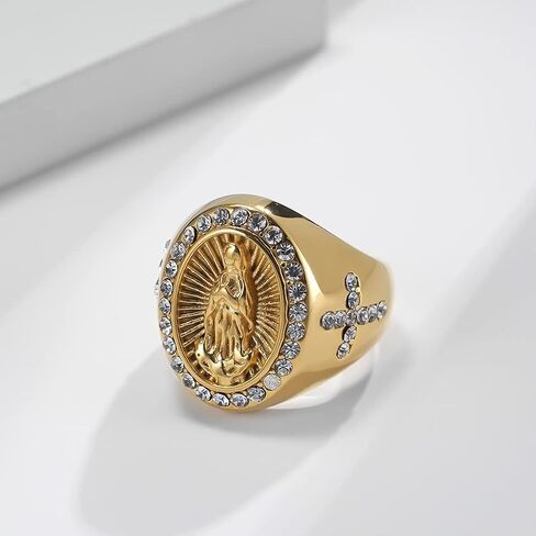 Christian Couple Signet Rings Set: Square Jesus (Men) & Oval Virgin Mary (Women), Stainless Steel Gold Plated with Side CZ Cross, Rhinestone Religious Rings in Kuwait