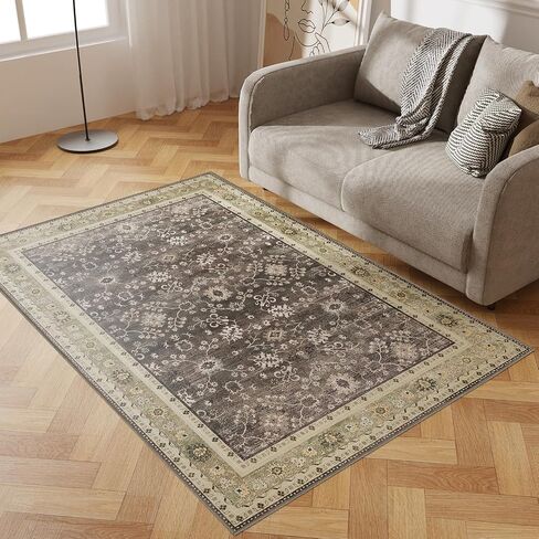 4x6 Washable Area Rug, Low Pile Faux Wool Carpet for Living Room, Bedroom, Dining Room, Vintage Flower Design, Non-Shedding Low-Pile Rug in Green for High-Traffic Areas with Non-Slip Rubber Back in Saudi Arabia