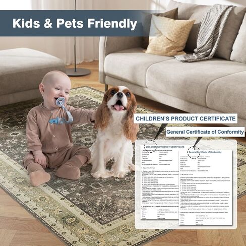 4x6 Washable Area Rug, Low Pile Faux Wool Carpet for Living Room, Bedroom, Dining Room, Vintage Flower Design, Non-Shedding Low-Pile Rug in Green for High-Traffic Areas with Non-Slip Rubber Back in Saudi Arabia